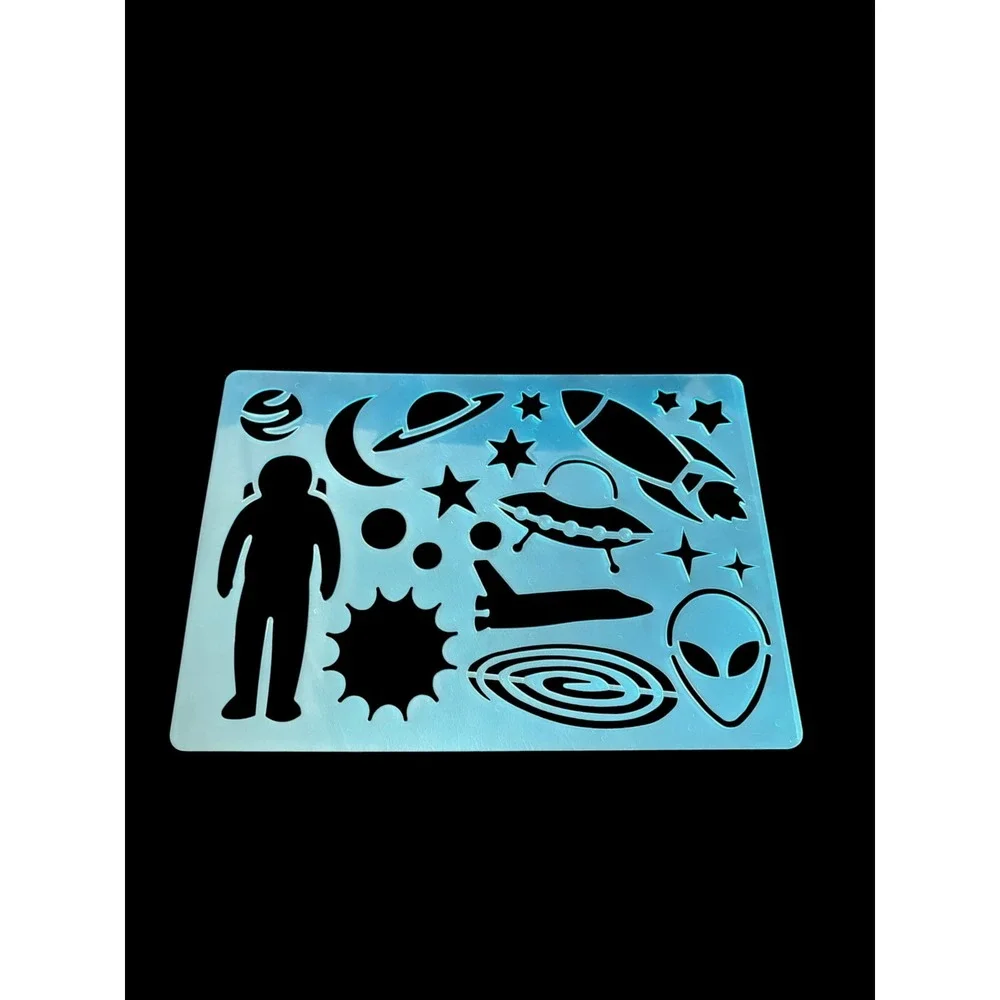 Space Stencil Rocket Astronaut Alien UFO Planets Blue Plastic Drawing Template